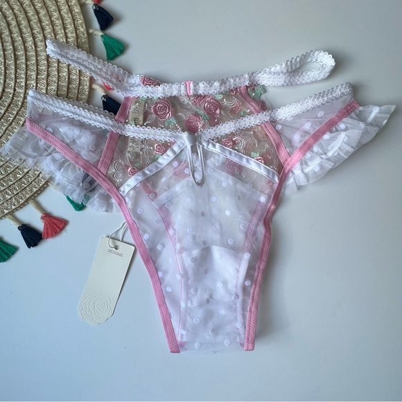 For Love And Lemons Pointelle Roses Panty Pink/White Small NEW - Picture 5 of 9